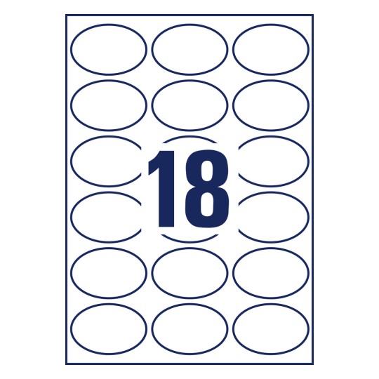 Stansemal enkeltark A4, Artikkel: 6242-10, Ovale etiketter, Format: 63,5 x 42,3 mm, 18 etiketter/ark.
