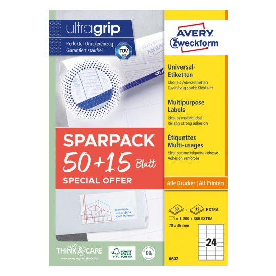 Pakningsbilde: Avery Zweckform universaletiketter, permanent klebende, Artikkel: 6602, Format: 70 x 36 mm, skriverkompatibilitet: Inkjet, laser s/hv, fargelaser, innhold: 1.560 etiketter / 65 ark, 24 etiketter/ark.