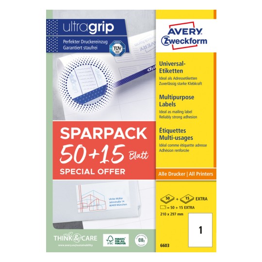 Forpakningsbilde: Avery Zweckform universaletiketter, permanent klebende, artikkel: 6603, format: 210 x 297 mm, skriverkompatibilitet: blekkskriver, laser s/hv, fargelaser, innhold: 65 etiketter / 65 ark, 1 etikett/ark.