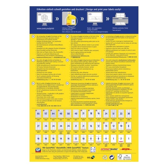 Dette bildet inneholder informasjon om utforming og utskrift av etiketter, med ulike språk, tips for optimal utskrift, og en liste over etikettstørrelser og spesifikasjoner fra Avery.