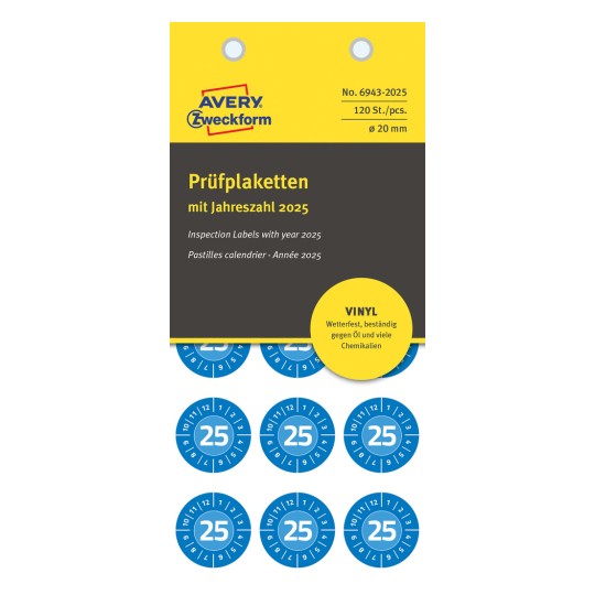 Pakningsbilde: Avery Zweckform Non A4 kontrollmerker, Artikkel: 6943-2025, Format: ⌀ 20 mm, Innhold: 120 kontrollmerker / 8 ark, 15 kontrollmerker/ark.