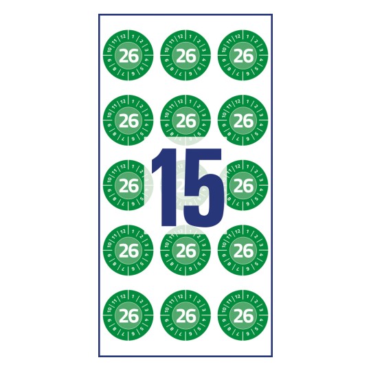 Bilde av enkeltark, artikkel: 6943-2026, inspeksjonsmerker, format: ⌀ 20 mm, 15 inspeksjonsmerker/ark.