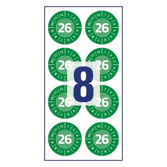 Illustrasjon av enkeltark, artikkel: 6944-2026, kontrollmerker, format: ⌀ 30 mm, 8 kontrollmerker/ark.