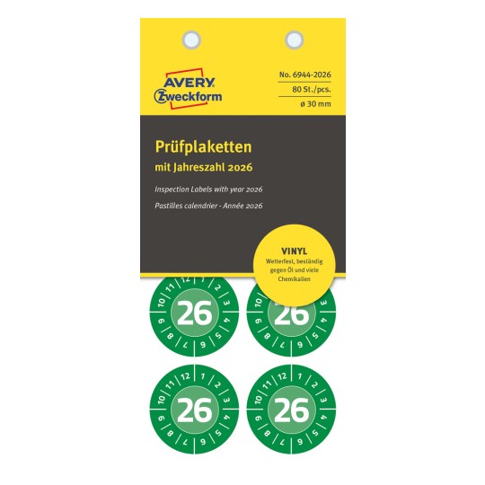 Pakningsbilde: Avery Zweckform Non A4 kontrollmerker, Artikkel: 6944-2026, Format: ⌀ 30 mm, Innhold: 80 kontrollmerker / 10 ark, 8 kontrollmerker/ark