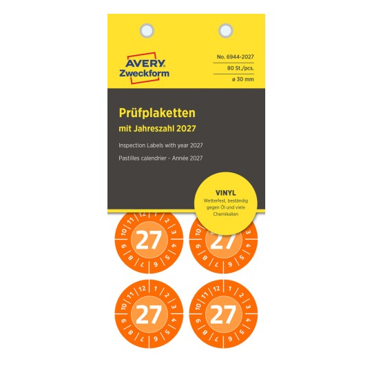Pakningsbilde: Avery Zweckform Non A4 Inspeksjonsmerker, Artikkel: 6944-2027, Format: ⌀ 30 mm, Innhold: 80 inspeksjonsmerker / 10 ark, 8 inspeksjonsmerker/ark.