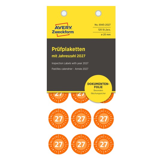 Pakningsbilde: Avery Zweckform Non A4 kontrollmerker, Artikkel: 6945-2027, Format: ⌀ 20 mm, Innhold: 120 kontrollmerker / 8 ark, 15 kontrollmerker/ark.
