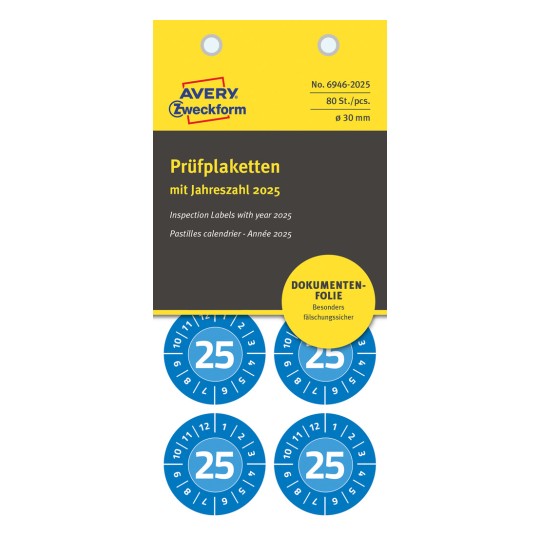 Forpakningsbilde: Avery Zweckform Non A4 kontrollmerker, Artikkel: 6946-2025, Format: ⌀ 30 mm, Innhold: 80 kontrollmerker / 10 ark, 8 kontrollmerker/ark