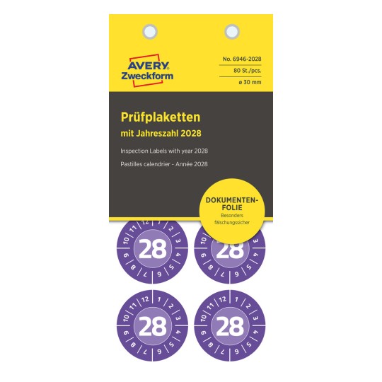 Bildet viser inspeksjonsmerker for året 2028. Det inkluderer fire sirkulære merker med tallet 28, trykt i lilla og hvitt, sammen med produktdetaljer fra Avery.