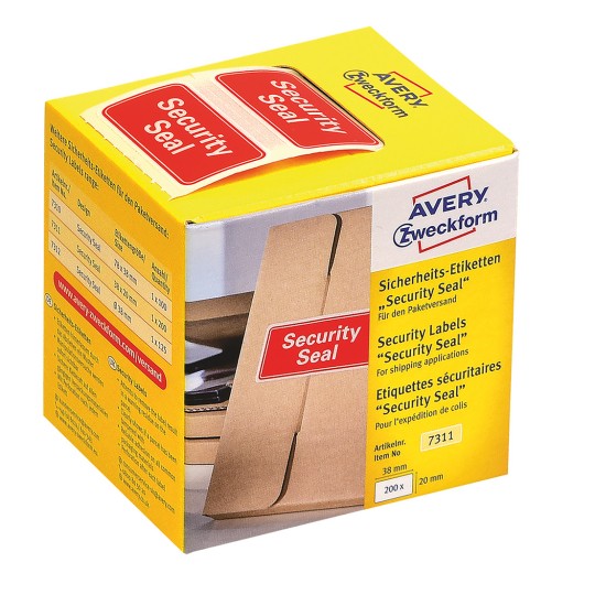 Pakningsbilde: Avery Zweckform sikkerhetsetiketter, forhåndstrykt, artikkel: 7311, format: 38 x 20 mm, innhold: 200 etiketter / 1 rull, 200 etiketter/rull.