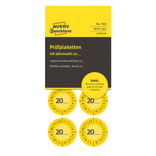 Forpakningsbilde: Avery Zweckform Non A4 testetiketter, artikkel: 7902, format: ⌀ 30 mm, innhold: 80 testetiketter / 10 ark, 8 testetiketter/ark