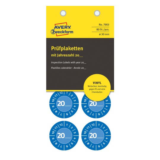 Pakningsbilde: Avery Zweckform Non A4 inspeksjonsmerker, Artikkel: 7903, Format: ⌀ 30 mm, Innhold: 80 inspeksjonsmerker / 10 ark, 8 inspeksjonsmerker/ark