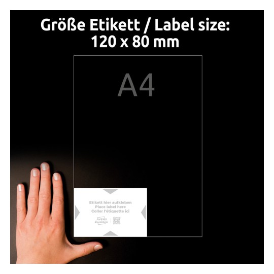 Størrelsessammenligning med hånd, artikkel: 8001-5, et ark med bæreetiketter, format: 120 x 80 mm, farge: hvit, lysegrå?