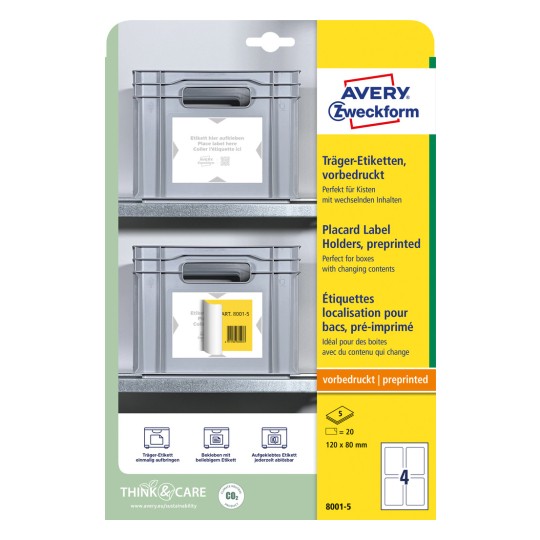Pakningsbilde: Avery Zweckform bæreetiketter, Artikkel: 8001-5, Format: 120 x 80 mm, Trykkegnethet: Forhåndstrykt, Innhold: 20 etiketter / 5 ark, 4 etiketter/ark
