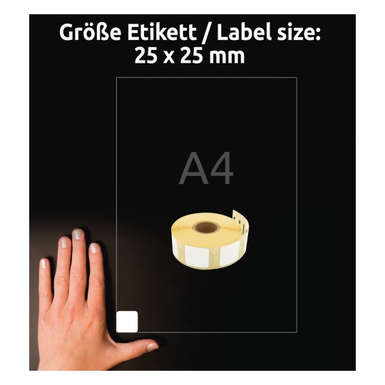 Størrelsessammenligning med hånd, artikkel: A1933083, ett ark rulletiketter, format: 25 x 25 mm, farge: hvit.