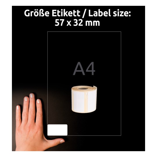 Størrelsessammenligning med hånd, artikkel: A1933084, ett ark rulle-etiketter, format: 32 x 57 mm, farge: hvit.