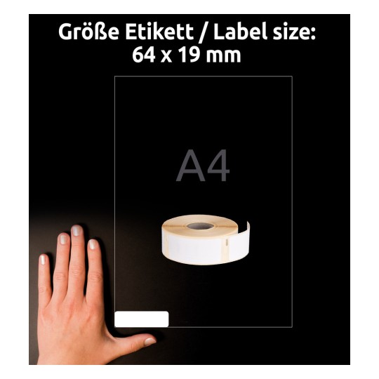 Størrelsessammenligning med hånd, artikkel: A1933085, ett ark rulleetiketter, format: 19 x 64 mm, farge: hvit?