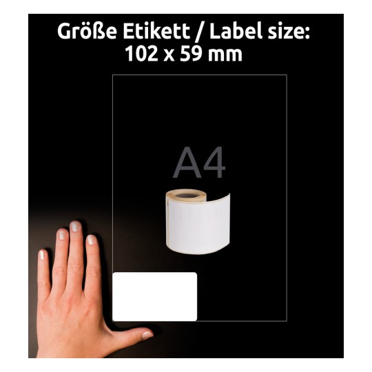 Størrelsessammenligning med hånd, Artikkel: A1976414, ett ark rulletiketter, Format: 59 x 102 mm, Farge: Hvit?