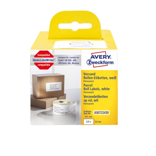 Pakkebilde: Avery Zweckform, Artikkel: AS0722430, Format: 54 x 101 mm, Skriverkompatibilitet: Termodirekteskrivere, Dymo LabelWriter* 300-serien, 400-serien, 450-serien, 4XL, Wireless, Innhold: 220 etiketter / 1 rull, 220 etiketter/rull?
