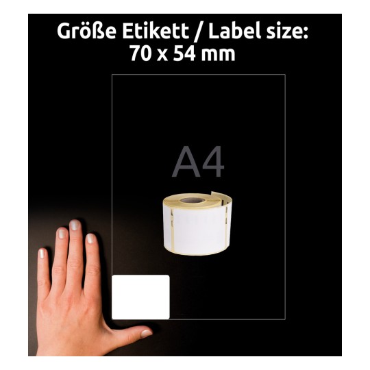 Størrelsessammenligning med hånd, Artikkel: AS0722440, ett ark rulletiketter, format: 54 x 70 mm, farge: hvit?