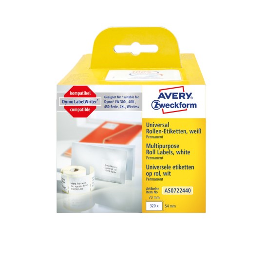 Pakningsbilde: Avery Zweckform, Artikkel: AS0722440, Format: 54 x 70 mm, Skriverkompatibilitet: Termodirekte skriver, Dymo LabelWriter* 300-serie, 400-serie, 450-serie, 4XL, Wireless, Innhold: 320 etiketter / 1 rull, 320 etiketter/rull?