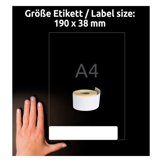 Størrelsessammenligning med hånd, Artikkel: AS0722470, ett ark rulletiketter, Format: 38 x 190 mm, Farge: Hvit?