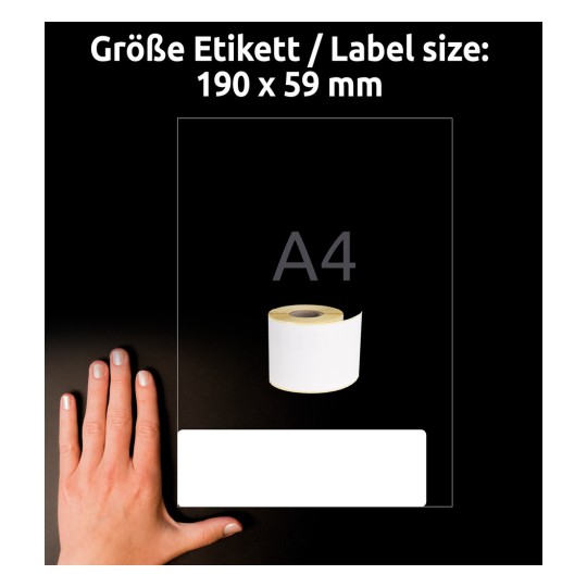 Størrelsessammenligning med hånd, artikkel: AS0722480, ett ark med rulletiketter, format: 59 x 190 mm, farge: hvit.
