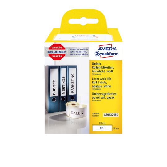 Pakkebilde: Avery Zweckform, Artikkel: AS0722480, Format: 59 x 190 mm, Skriveregenskaper: Termodirekte skriver, Dymo LabelWriter* 300-serie, 400-serie, 450-serie, 4XL, Wireless, Innhold: 110 etiketter / 1 rull, 110 etiketter/rull?
