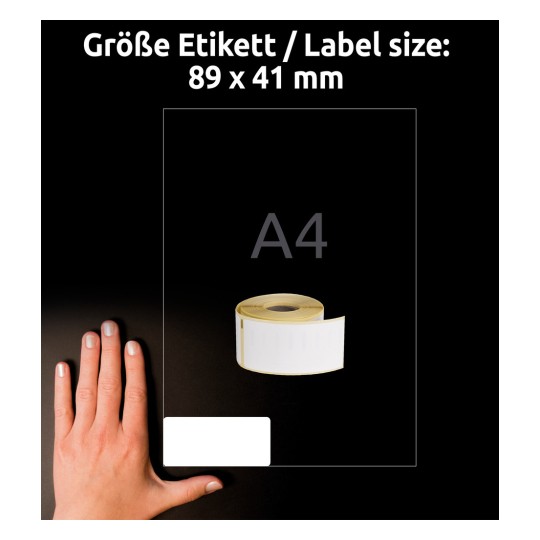 Størrelsessammenligning med hånd, artikkel: AS0722560, et ark med rulletiketter, format: 41 x 89 mm, farge: hvit.