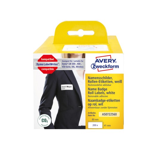Pakningsbilde: Avery Zweckform, Artikkel: AS0722560, Format: 41 x 89 mm, Egnet til skriver: Termodirekteskrivere, Dymo LabelWriter* 300-serien, 400-serien, 450-serien, 4XL, Trådløs, Innhold: 200 etiketter / 1 rull, 200 etiketter/rull?