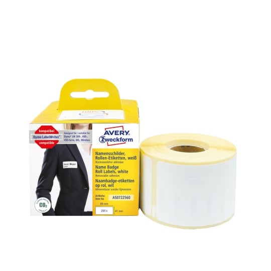 Forpakningsbilde med etikettrull: Avery Zweckform rulletiketter, artikkel: AS0722560, format: 41 x 89 mm, utskriftsegnet for: Termodirekte-skrivere, Dymo LabelWriter* 300-serie, 400-serie, 450-serie, 4XL, Wireless, innhold: 200 etiketter / 1 rull, 200 etiketter/rull?