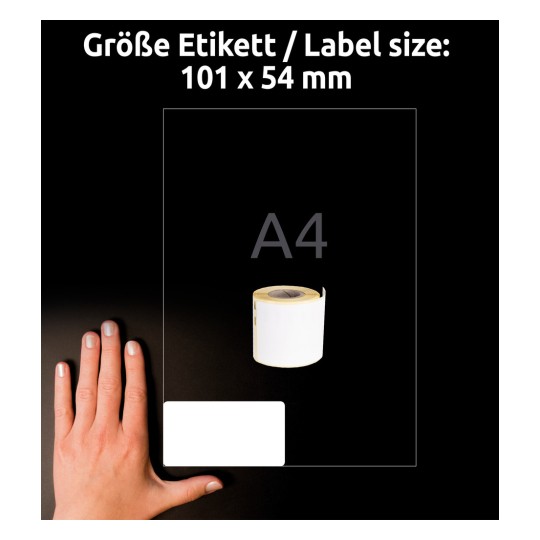 Størrelsessammenligning med hånd, artikkel: ASS0722430, ett ark med rulletiketter, format: 54 x 101 mm, farge: hvit.