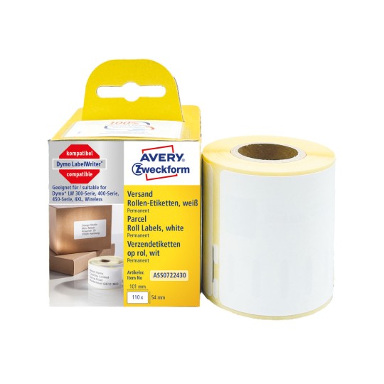 Pakningsbilde med etiketterull: Avery Zweckform rull-etiketter, artikkel: ASS0722430, format: 54 x 101 mm, skriveregnskap: termodirekteskriver, Dymo LabelWriter* 300-serien, 400-serien, 450-serien, 4XL, trådløs, innhold: 110 etiketter / 1 rull, 110 etiketter/rull.