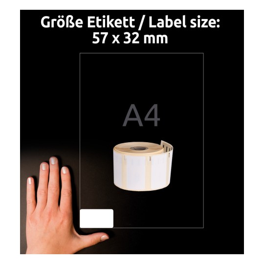 Størrelsesammenligning med hånd, Artikkel: ASS0722540, ett ark rulletiketter, Format: 32 x 57 mm, Farge: Hvit?