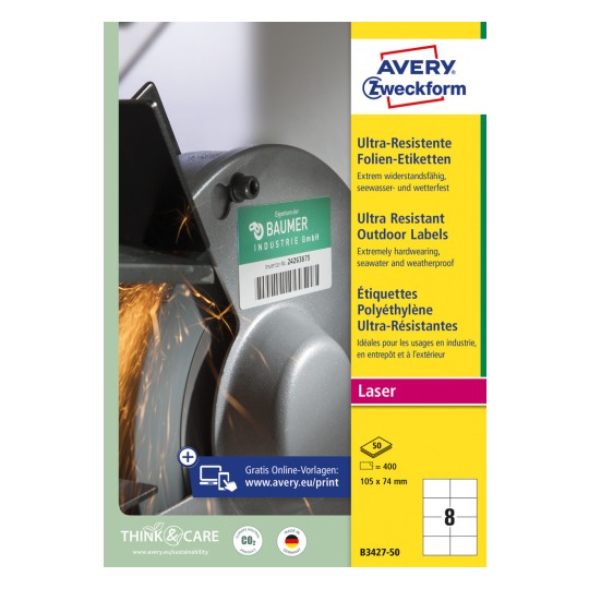 Pakningsbilde: Avery Zweckform Ultra Resistente Utendørsetiketter, Artikkel: B3427-50, Format: 105 x 74 mm, Skriverkompatibilitet: Laser s/hv, Fargelaser, Innhold: 400 etiketter / 50 ark, 8 etiketter/ark.