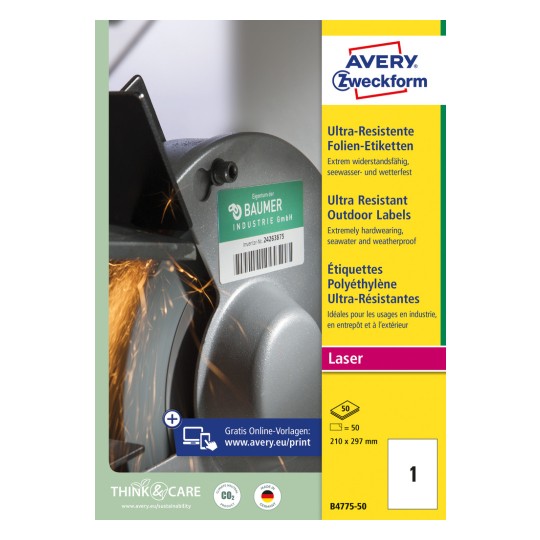 Pakningsbilde: Avery Zweckform Ultra Resistente Utendørs Etiketter, Artikkel: B4775-50, Format: 210 x 297 mm, Printerkompatibilitet: Laser s/hv, Fargelaser, Innhold: 50 etiketter / 50 ark, 1 etikett/ark.
