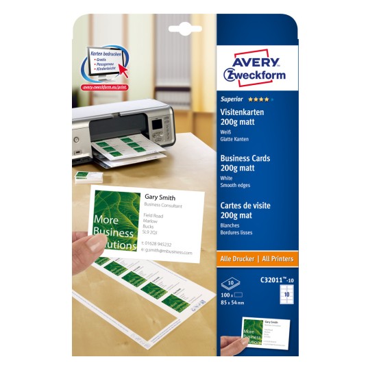 Pakningsbilde: Avery Zweckform Alle Skriver, Artikkel: C32011-10, Format: 85 x 54 mm, Skriverkompatibilitet: Inkjet, fargelaser, svart/hvit laser, kopimaskin, Innhold: 100 kort / 10 ark, 10 kort/ark.