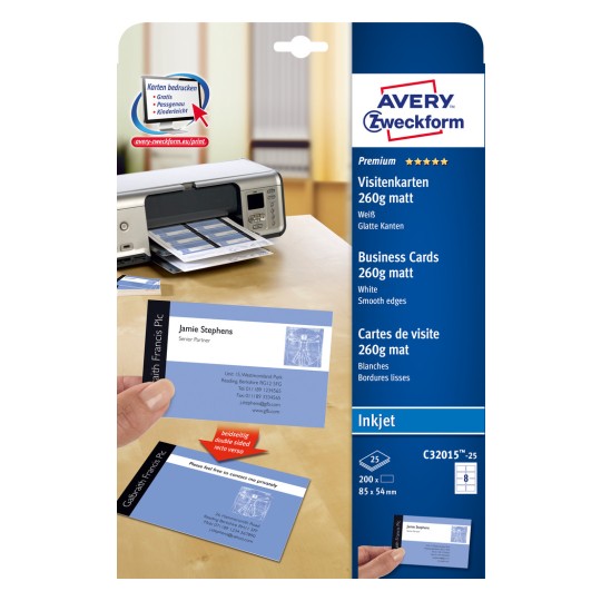 Pakningsbilde: Avery Zweckform Inkjet, Artikkel: C32015-25, Format: 85 x 54 mm, Utskriftsegnet: Inkjet, Innhold: 200 kort / 25 ark, 8 kort/ark