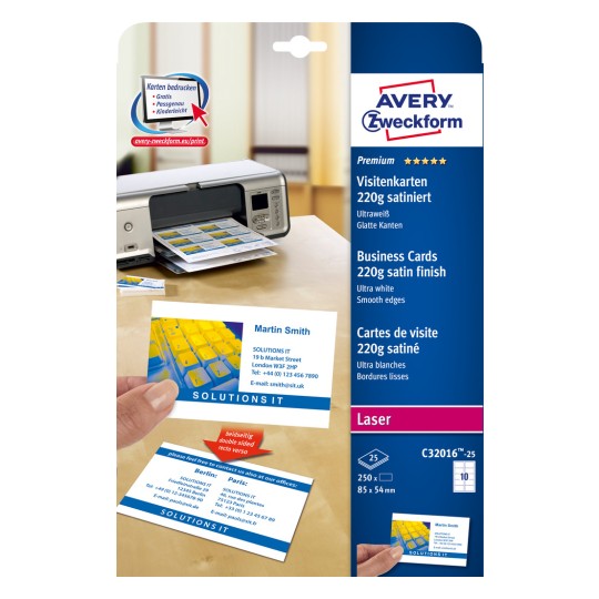 Pakningsbilde: Avery Zweckform Laser, Artikkel: C32016-25, Format: 85 x 54 mm, Skriverkompatibilitet: Fargelaser, Svart/hvitt-laser, Kopimaskin, Innhold: 250 kort / 25 ark, 10 kort/ark.