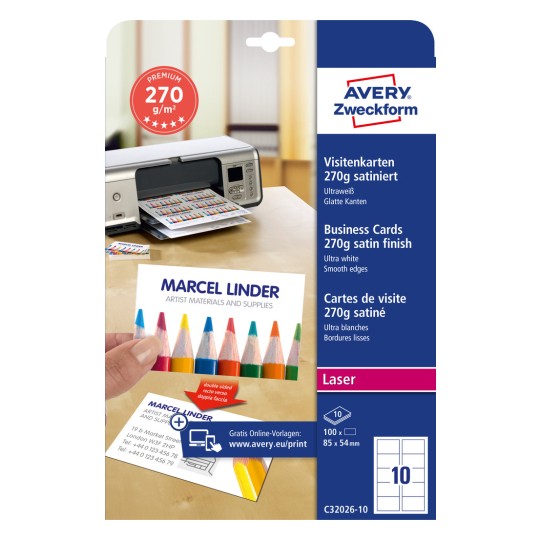 Pakningsbilde: Avery Zweckform Laser, Artikkel: C32026-10, Format: 85 x 54 mm, Skriverkompatibilitet: Fargelaser, Laser s/hv, Kopimaskin, Innhold: 100 kort / 10 ark, 10 kort/ark.