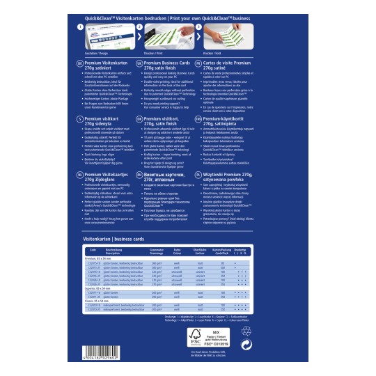 Bildet inneholder et produktinformasjonsark for Quick&Clean visittkort. Detaljert beskrives ulike spesifikasjoner, formater og egenskaper ved premium visittkort tilgjengelig for trykking, inkludert materialer og størrelser på flere språk.