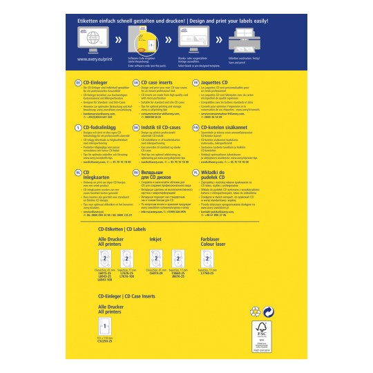 Bildet viser informasjon om CD-dekselinnlegg og etiketter, inkludert design- og utskriftsalternativer. Det er tilgjengelig på flere språk med detaljer om produkttil spesifikasjoner, skriverkompatibilitet og bestillingsinformasjon.