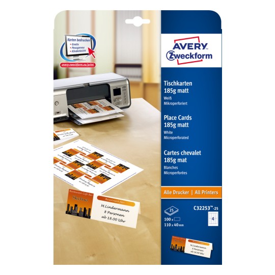 Forpakningsbilde: Avery Zweckform Bordkort, Artikkel: C32253-25, Format: 110 x 40 mm, Skriveegnethet: Inkjet, Fargelaser, Laser s/h, Kopimaskin, Innhold: 100 kort / 25 ark, 4 kort/ark.