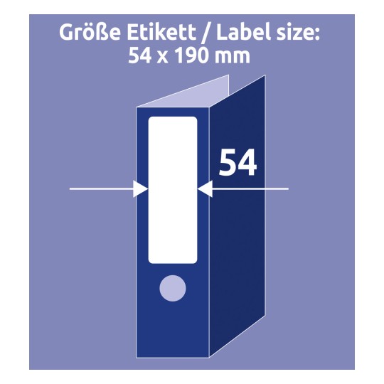 Størrelsessammenligning med hånd, artikkel: C32267-10, en ark med etiketter for ringperm, hjemmekontor, liten pakke, format: 54 x 190 mm, farge: hvit?
