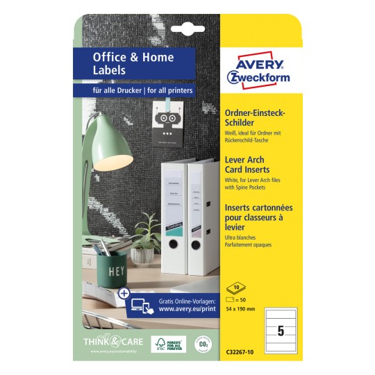Forpakningsbilde: Avery Zweckform ryggetiketter, Artikkel: C32267-10, Format: 54 x 190 mm, Skriveegnethet: Inkjet, Laser s/hv, fargelaser, Innhold: 50 stk / 10 ark, 5 stk/ark.