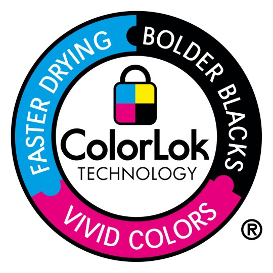 Bildet viser ColorLok Technology-logoen, som fremhever funksjoner som raskere tørking, dypere svartfarger og levende farger. Logoen er sirkulær med distinkte seksjoner for hver funksjon og inkluderer et hengelås-symbol.