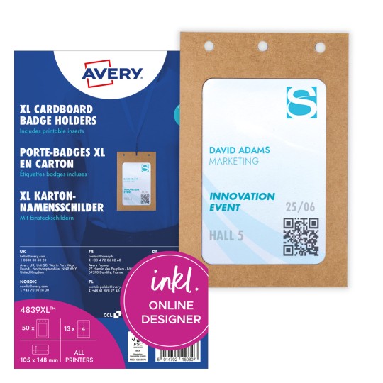 Pakkebilde med kortark: Avery Zweckform navneskilt-lommer store, Artikkel: 4839XL, Format: 105 x 148 mm, utskriftsegnet: Laser s/hv, Fargelaser, Inkjet, Laser, Innhold: 50 navneskilt / 52 innleggskilt / 13 ark, /ark?