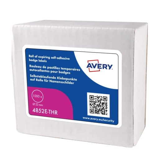 En eske som inneholder en rull med selvklebende merkelapper fra Avery, merket for utløp med en størrelse på 22mm og inneholder 1000 etiketter.