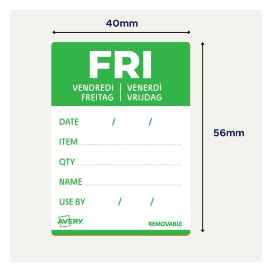 En avtagbar etikett med feltene 'Dato', 'Vare', 'Ant.', 'Navn' og 'Best før', merket med 'FRI' på flere språk.