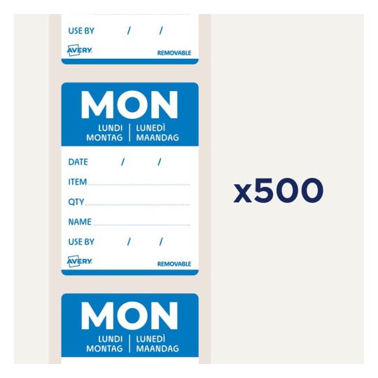 Bildet viser avtakbare etiketter med ordet 'MON' i store bokstaver, sammen med seksjoner for dato, vare, antall, navn, og en notis som indikerer 'x500'.