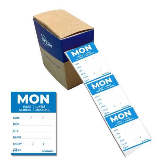 Bildet viser en eske med avtakbare etiketter med blå bakgrunn som viser 'MON' og plasser for dato, vare, mengde, navn og bruk innen detaljer.